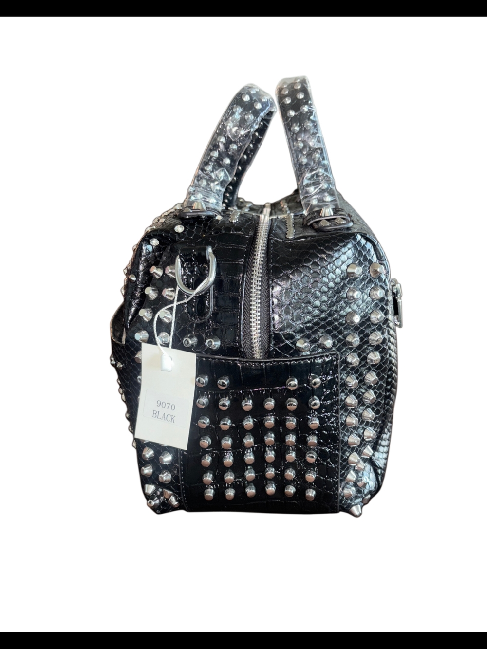 Brand New Black Studded Satchel Bag with Tassel & Black Sequined Flask - Picture 5 of 8